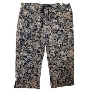 Cabi Black Tan Paisley Print Cropped Linen Pants Womens Medium Drawstring Waist